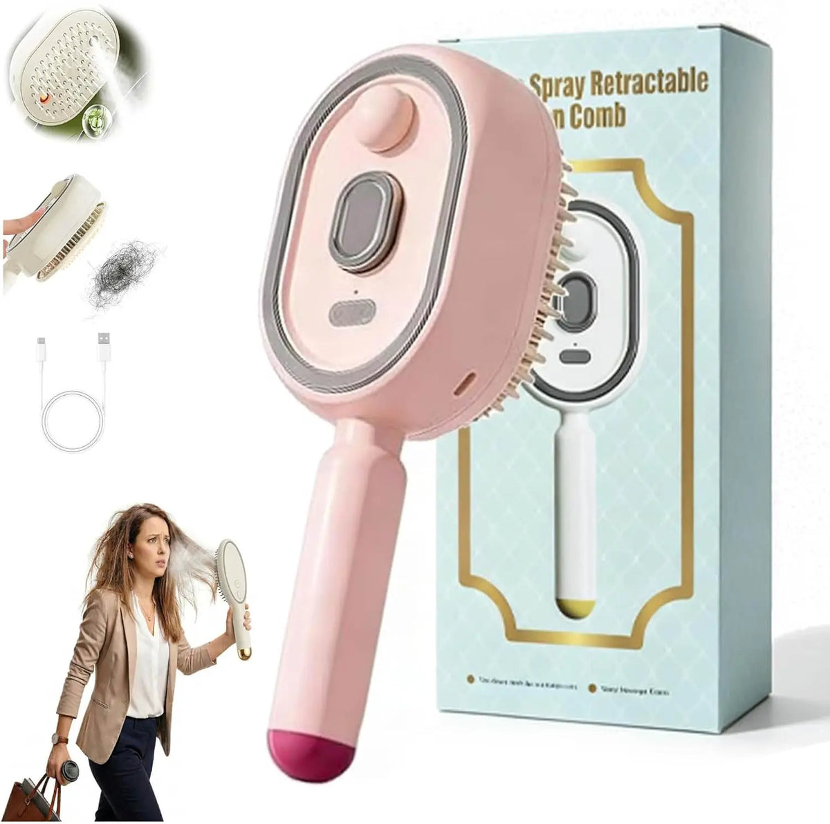 Electric Spray 3 In 1 Massage Comb, Rechargeable Self Cleaning Steam Oil Brush Anti Static Detangling Air Cushion Scalp Care